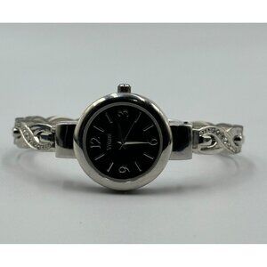 3/$30 Vivani Watch Women Silver Tone Black Dial Crossover Cuff Band 7"